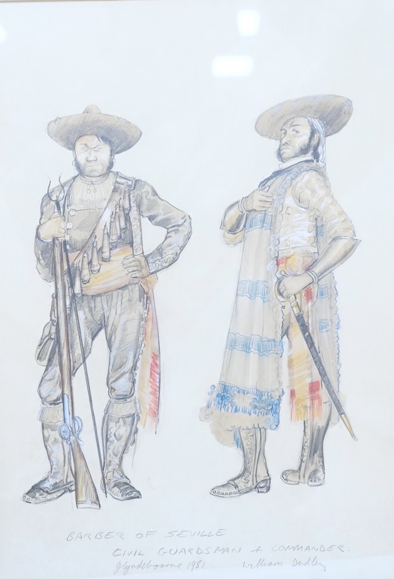 William Dudley, mixed media, Theatrical costume design for the Barber of Seville, Glyndebourne, 1981, inscribed and signed in pencil, 39 x 27cm